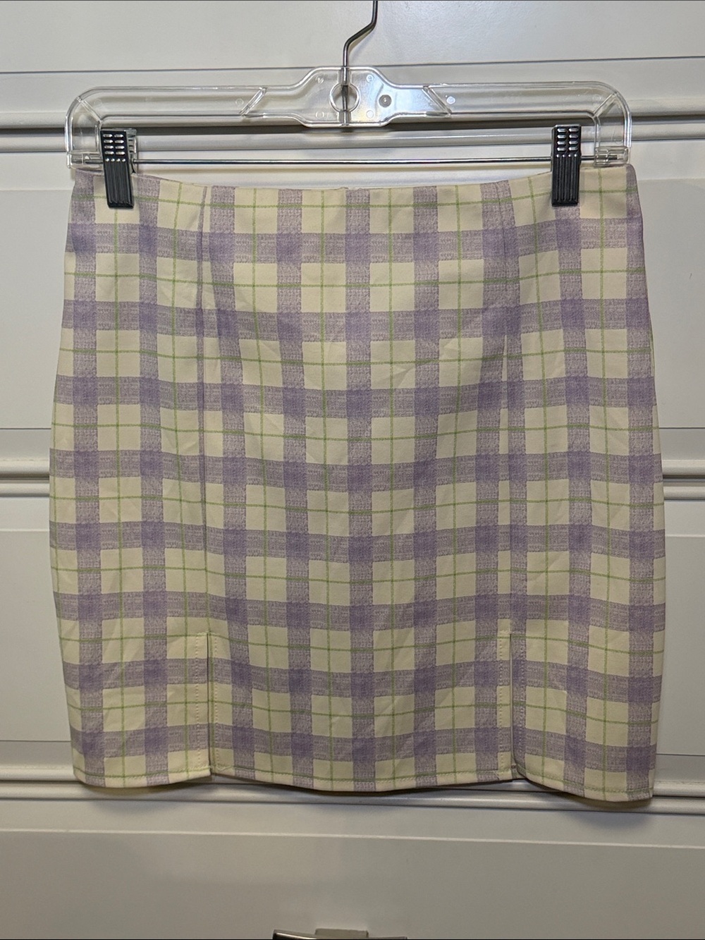 Fashion Nova Lavender and Cream Plaid Mini Skirt with Lime Accents
